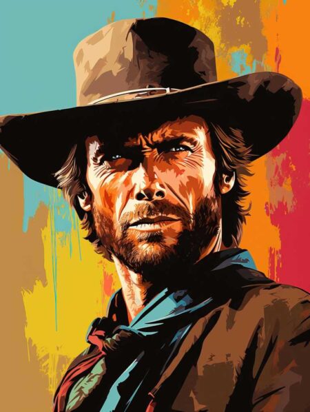 Illustration de style Pop Art représentant Clint Eastwood en costume de cowboy. L'acteur porte un chapeau à larges bords et un foulard autour du cou. Le visage est marqué par des ombres fortes et contrastées, sur un fond dynamique composé de larges bandes de couleurs turquoise, jaune, orange et rose.