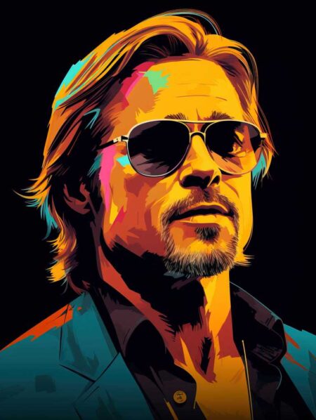 Portrait illustré de Brad Pitt en style Pop Art aux couleurs électriques (bleu, jaune, rose) avec des motifs graphiques et un fond texturé dynamique.