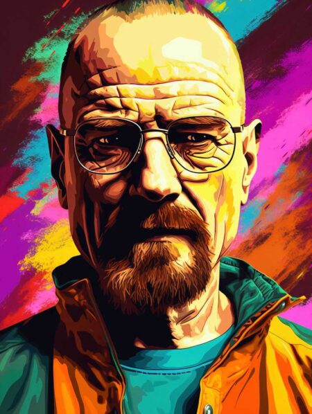 Portrait illustré de Bryan Cranston dans un style Pop Art vibrant. L'acteur porte des lunettes et une barbe rousse, représenté avec des ombres marquées sur un fond dynamique aux coups de pinceau multicolores (magenta, orange, turquoise et jaune).