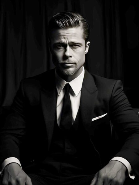 Portrait de face en noir et blanc de Brad Pitt portant un costume trois-pièces noir, une chemise blanche et une cravate sombre. L'acteur a les cheveux gominés en arrière et une légère barbe de trois jours, posant sur un fond de rideaux sombres.
