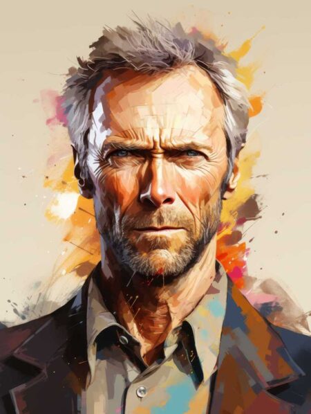 Portrait illustré de Clint Eastwood au regard intense et visage buriné, style artistique avec des taches de peinture colorées en arrière-plan.