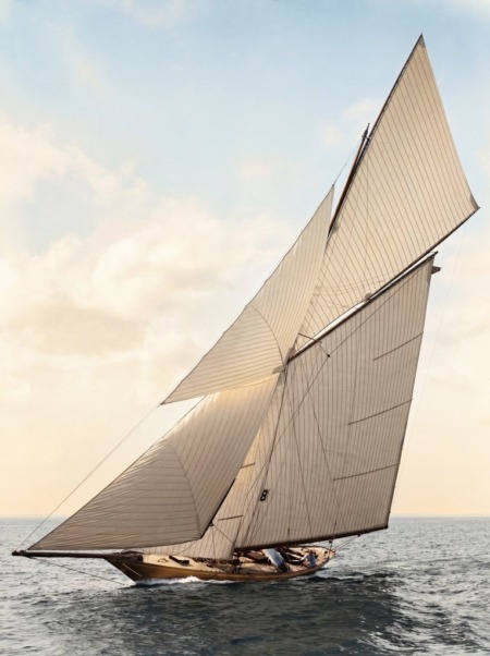 Photographie historique colorisée montrant un majestueux voilier de régate classique, toutes voiles dehors (portant le numéro 8), naviguant sur l'océan.