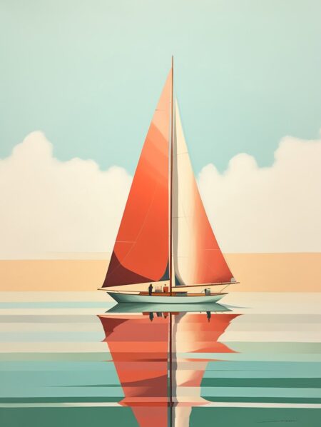 Affiche voilier voile orange montrant une illustration graphique d'un bateau avec une voile orange vif et une voile blanche, naviguant sur une mer calme aux reflets symétriques sous un ciel turquoise et crème.