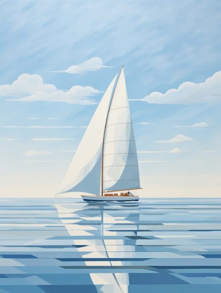 Affiche voilier bleu minimaliste montrant une illustration graphique d'un bateau à voile blanche naviguant sur une mer azur calme avec des reflets géométriques stylisés sous un ciel clair.