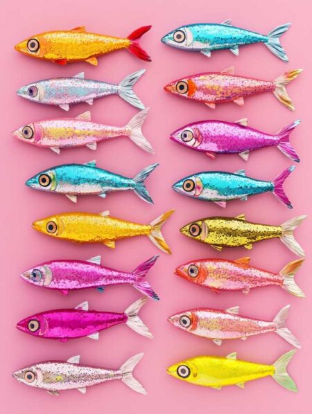Affiche sardines colorées pop montrant plusieurs sardines scintillantes et pailletées de différentes couleurs (bleu, or, rose, orange) alignées sur un fond rose vif.