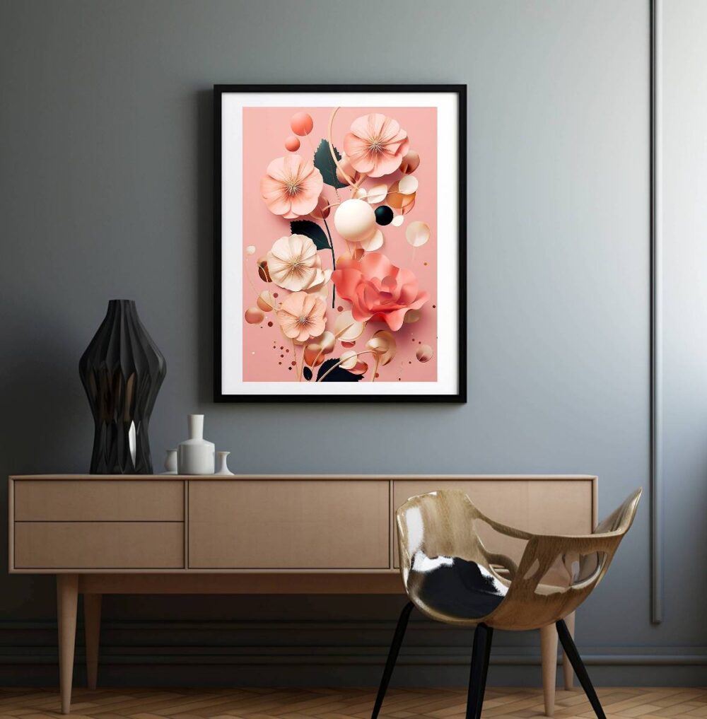 Affiche de Fleurs et Bulles – style abstrait fond rose – Image 2