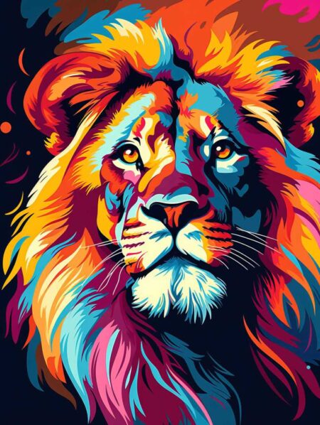Affiche lion pop art représentant un portrait de face majestueux d'un lion aux couleurs explosives (orange, bleu, fuchsia, jaune) avec des coups de pinceau dynamiques sur un fond noir profond.