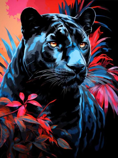Affiche panthère noire pop art montrant un portrait de face d'une panthère aux reflets bleu néon, entourée de feuilles tropicales rouges et roses vibrantes sous un ciel orangé.