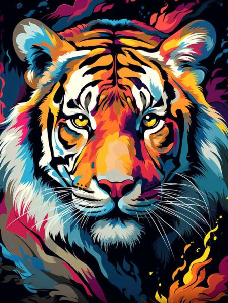 Affiche tigre pop art montrant un portrait de face d'un tigre aux couleurs vibrantes (orange électrique, bleu turquoise, magenta) avec un regard intense et des motifs graphiques dynamiques sur fond noir.