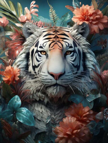 Illustration numérique détaillée d'une tête de tigre blanc aux yeux orangés, émergeant d'une végétation tropicale luxuriante composée de grandes fleurs pêche et de feuilles turquoise sur fond bleu canard