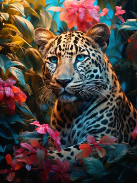 Affiche léopard yeux bleus représentant un portrait serré d'un léopard majestueux au regard turquoise intense, entouré d'une végétation tropicale luxuriante et de fleurs d'un rose vibrant.