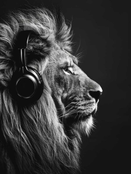 Affiche lion casque musique montrant un portrait de profil en noir et blanc d'un lion majestueux portant un casque audio professionnel, avec un éclairage dramatique sur fond noir.