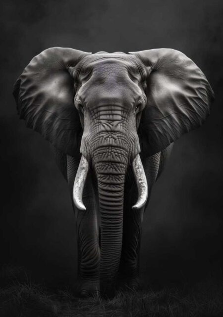 Affiche portrait éléphant majestueux en noir et blanc de face, centré, montrant les détails texturés de la peau plissée et des défenses en ivoire sur un fond sombre et dégradé
