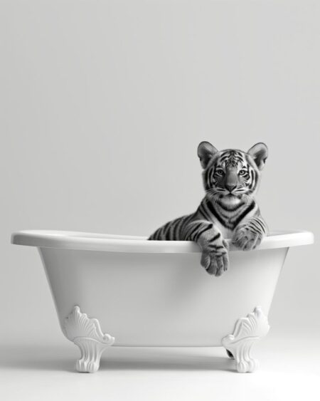 Affiche bébé tigre baignoire en noir et blanc montrant un jeune tigre assis dans une baignoire ancienne à pattes, posant ses pattes sur le rebord sur un fond blanc épuré.