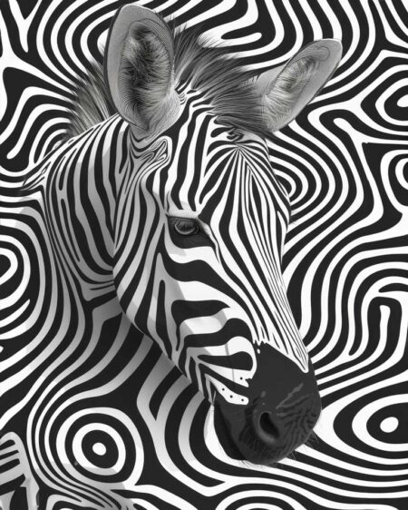 Affiche zèbre op art représentant un portrait de zèbre dont les rayures se fondent dans un arrière-plan de lignes hypnotiques noires et blanches tourbillonnantes, créant une illusion d'optique graphique