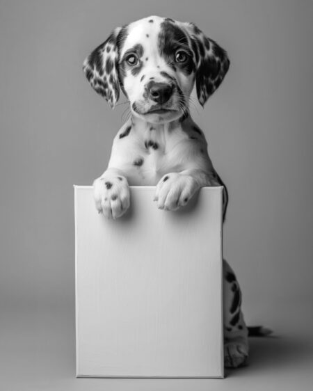Affiche chiot dalmatien en noir et blanc montrant un petit dalmatien posant ses pattes sur un support rectangulaire blanc, avec un regard doux et curieux sur un fond gris neutre.