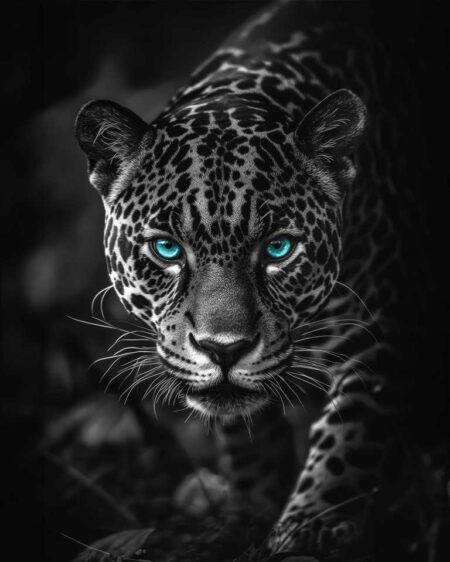 Affiche léopard yeux bleus montrant un portrait de face d'un léopard en noir et blanc, avec un pelage tacheté très détaillé et des yeux bleu turquoise éclatants sur un fond obscur.