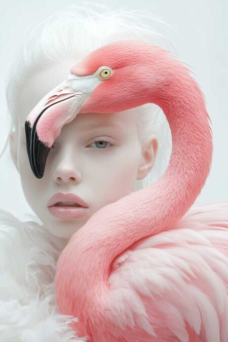 Affiche flamant rose femme montrant un portrait surréaliste d'une femme aux cheveux blancs fusionnant avec un flamant rose vif, créant une harmonie de courbes sur un fond blanc épuré.