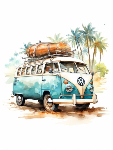 Affiche d’un combi Volkswagen comme une aquarelle