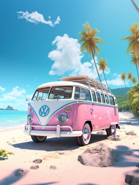 Affiche d’un combi Volkswagen rose