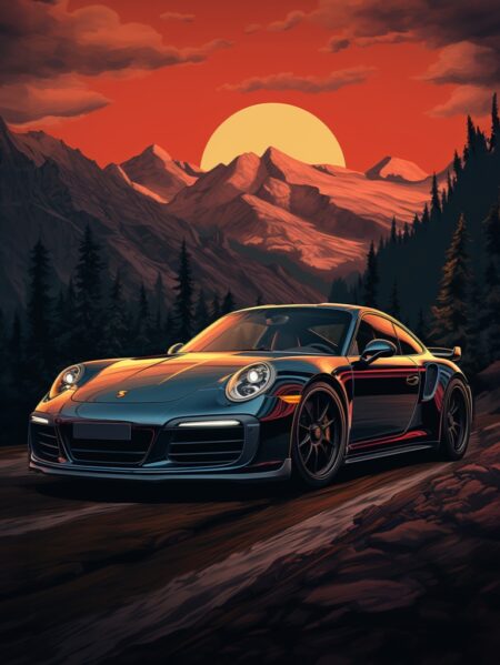 Affiche Porsche 911 turbo en montagne au coucher du soleil