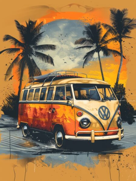 Affiche d’un combi Volkswagen jaune sous les palmiers