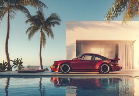 Affiche Colorée – Porsche 911 Vintage devant une piscine