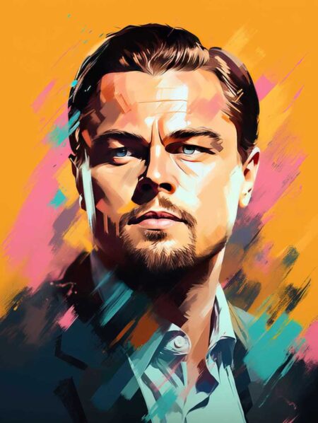 Portrait illustré de Leonardo DiCaprio dans un style Pop Art dynamique. Le visage est représenté avec des traits marqués et des ombres contrastées, entouré de larges coups de pinceau colorés dans des tons orange, rose, bleu turquoise et noir.