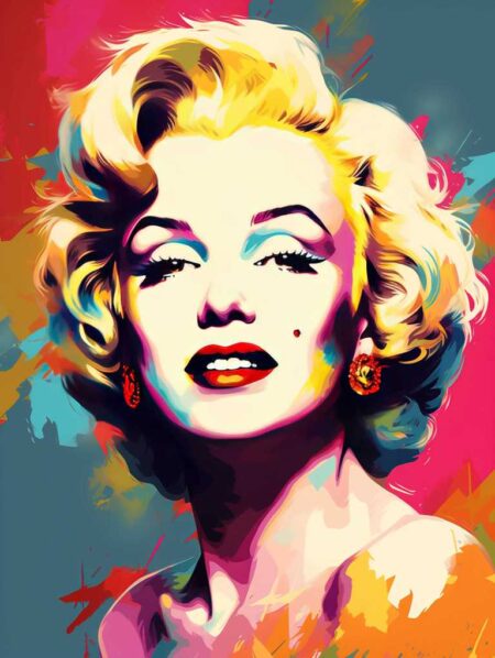 Illustration de style Pop Art représentant Marilyn Monroe. Le portrait utilise des couleurs vives et saturées : des cheveux d'un blond jaune éclatant, un rouge à lèvres carmin et un fond composé de larges coups de pinceau multicolores (bleu, rose, orange et turquoise).