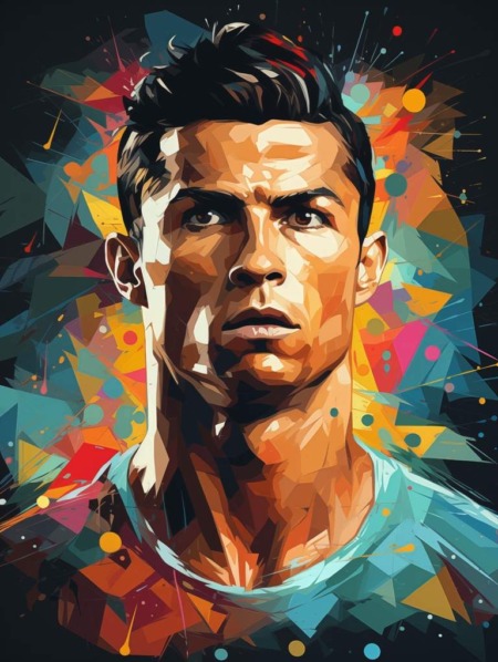 Affiche Ronaldo Pop Art : portrait vibrant et coloré en gros plan de Cristiano Ronaldo (CR7), regard concentré et déterminé, maillot blanc stylisé sur fond sombre avec une explosion d'éclats de peinture multicolores (bleu, jaune, rouge, vert).