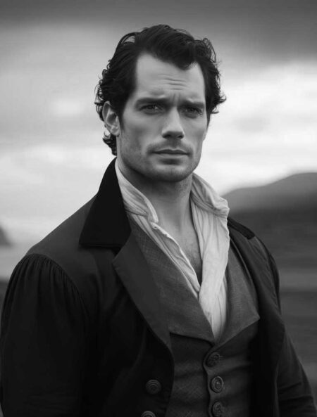 Photographie en noir et blanc de l'acteur Henry Cavill au regard intense, portant un gilet d'époque et une chemise ouverte, avec un paysage naturel en arrière-plan