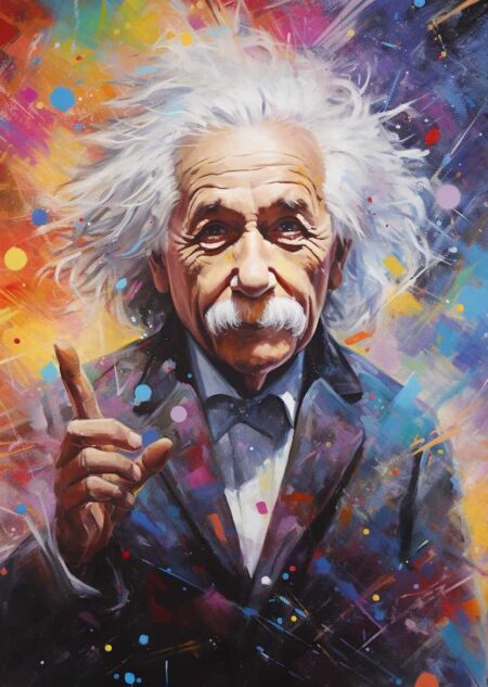 Portrait artistique d'Albert Einstein avec des éclats de couleurs vives, levant l'index dans un geste d'idée ou d'enseignement.