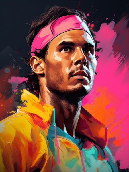 Affiche Nadal Pop Art : portrait explosif et coloré de Rafael Nadal en gros plan, portant une pose émotionnelle intense, avec des éclats de peinture multicolores sur un fond sombre.