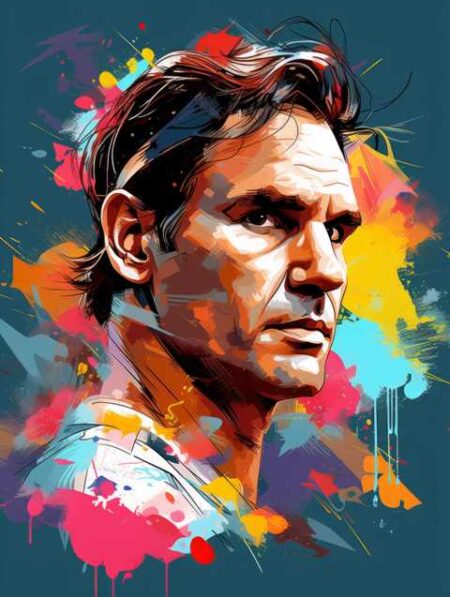 Affiche Federer Pop Art : portrait stylisé de Roger Federer avec des éclats de peinture multicolores (bleu, jaune, rouge, rose) sur un fond sombre, capturant une expression de détermination intense.