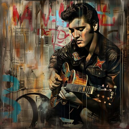 Affiche couleur d’Elvis Presley à la guitare