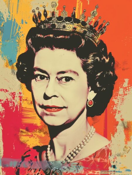Portrait de la reine Élisabeth II en style pop art avec une couronne étincelante et un collier de perles sur fond orange et rouge.