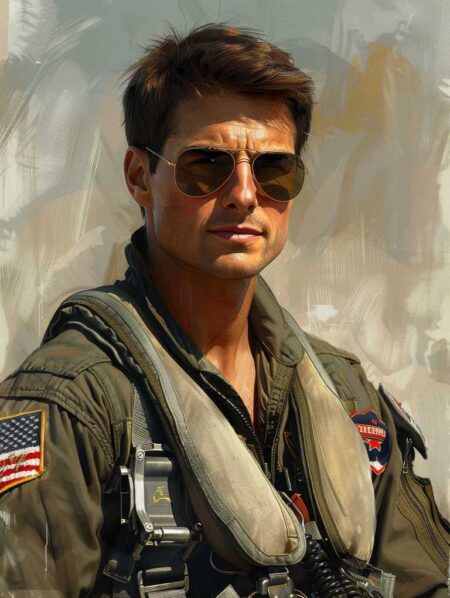 Portrait illustré de Tom Cruise dans son rôle mythique de pilote (Maverick). Il porte des lunettes aviateur dorées, une combinaison de vol avec des écussons (dont le drapeau américain) sur un fond aux coups de pinceau artistiques et texturés.