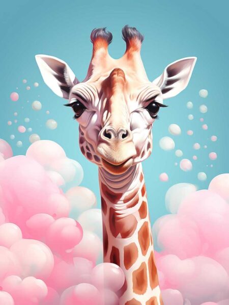 Affiche girafe bulles roses montrant un portrait mignon de girafe entourée de bulles vaporeuses et de nuages roses sur un fond bleu ciel pastel.