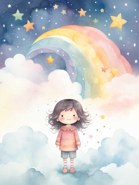 Affiche enfant arc-en-ciel : illustration aquarelle d'un personnage enfantin souriant sur des nuages, sous un grand arc-en-ciel pastel et un ciel parsemé d'étoiles dorées.