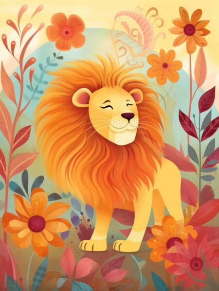 Affiche petit lion solaire montrant une illustration de lion mignon et souriant avec une crinière orange flamboyante, debout au milieu de grandes fleurs colorées dans des tons automnaux et chauds.