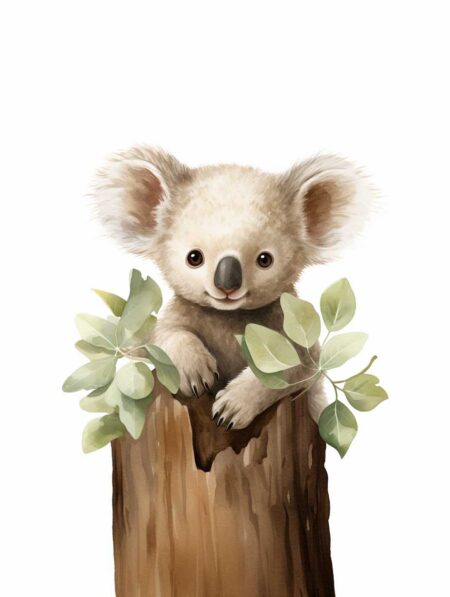 Illustration style aquarelle d'un bébé koala gris et blanc aux oreilles poilues, sortant d'un tronc d'arbre marron entouré de feuilles vertes d'eucalyptus.