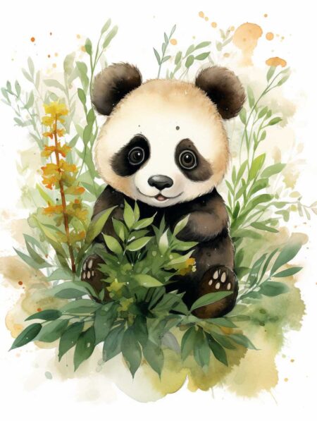 Illustration style aquarelle d'un bébé panda assis au milieu de feuilles vertes et de fleurs jaunes. Regard doux et pelage noir et blanc.