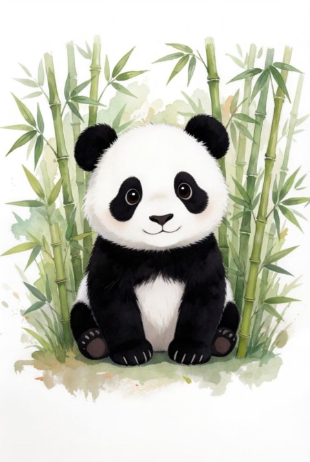 Affiche aquarelle représentant un adorable bébé panda assis devant des bambous verts, idéale pour une décoration douce et naturelle de chambre enfant.