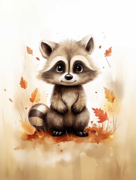 Affiche petit raton laveur de style aquarelle montrant un personnage mignon aux grands yeux entouré de feuilles d'automne orange et ocre sur un fond crème doux.