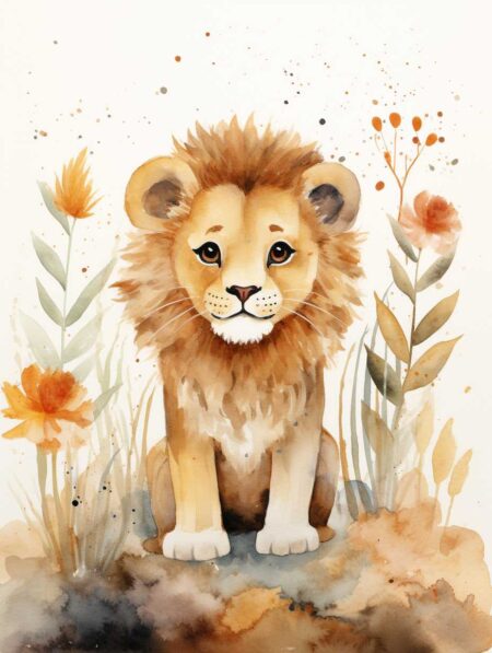 Affiche Bébé Lion Aquarelle : Illustration style aquarelle d'un lionceau assis de face, entouré de fleurs oranges et beiges séchées, sur fond blanc. Regard doux et pelage fauve.