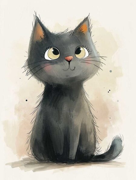 Illustration style aquarelle d'un chat noir mignon assis de face avec de grands yeux jaunes et un petit sourire, sur fond beige