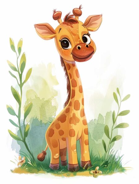 Illustration style aquarelle d'un bébé girafe souriant avec de grands cils, entouré de feuillages verts et de petites fleurs.