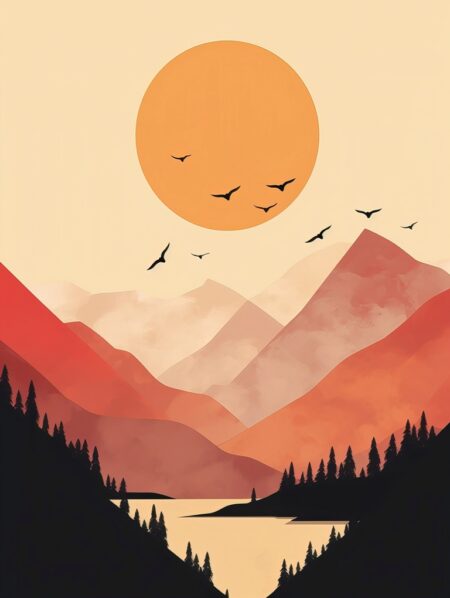 Affiche montagne minimaliste moderne montrant un paysage de montagnes dans les tons terracotta et pêche, avec un grand soleil orange, des oiseaux en vol et une forêt de sapins noirs entourant un lac calme.