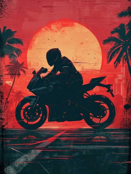 Illustration graphique d'un motard sur une moto sportive en silhouette noire, devant un coucher de soleil rouge flamboyant et des palmiers. Style retrowave.