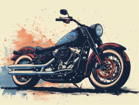 Illustration graphique d'une moto custom noire avec des pneus à flancs blancs, mise en valeur par des éclats de peinture orange et bleue en arrière-plan.